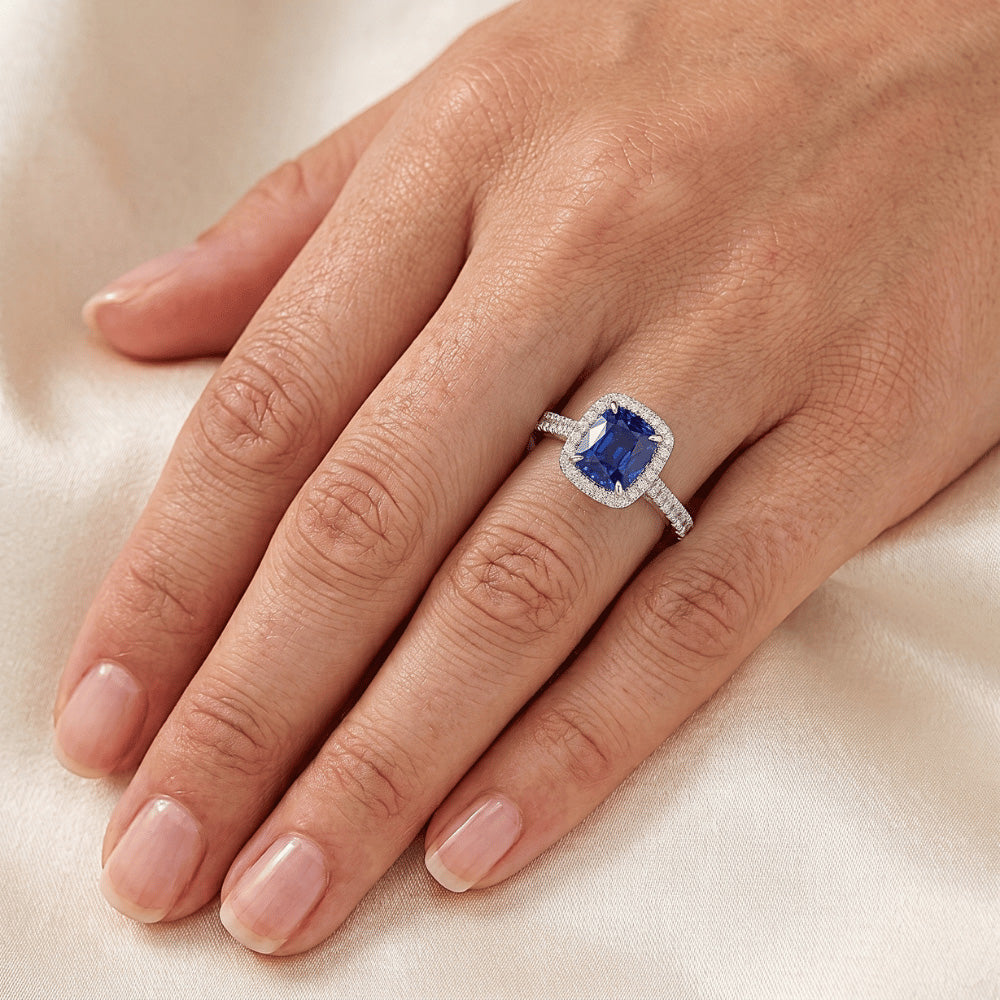 3 Ct Cushion Sri Lanka Blue Sapphire And Halo Natural Earth Mined Diamond ( Not Lab Grown )  Ring