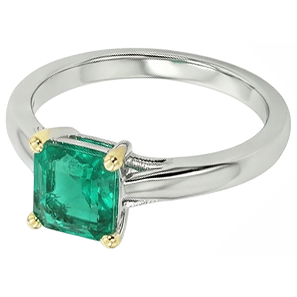Step Cut Colombian Emerald ring in 14K Two Tone Gold – side view