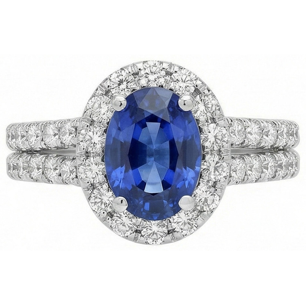 3 Ct Oval Blue Sapphire And Round Natural Earth Mined Diamond ( Not Lab Grown ) s Ring White Gold 14K