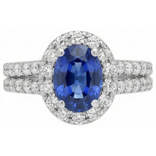 3 Ct Oval Blue Sapphire And Round Natural Earth Mined Diamond ( Not Lab Grown ) s Ring White Gold 14K