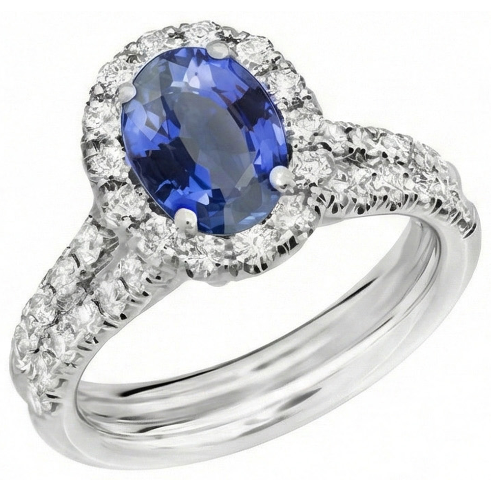 3 Ct Oval Blue Sapphire And Round Natural Earth Mined Diamond ( Not Lab Grown ) s Ring White Gold 14K