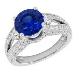 3 Ct Round Ceylon Sapphire And Natural Earth Mined Diamond ( Not Lab Grown )  Ring Solid White Gold 14K