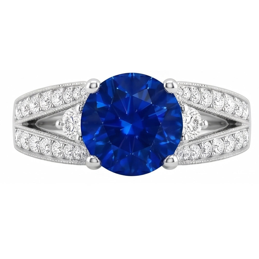 3 Ct Round Ceylon Sapphire And Natural Earth Mined Diamond ( Not Lab Grown )  Ring Solid White Gold 14K