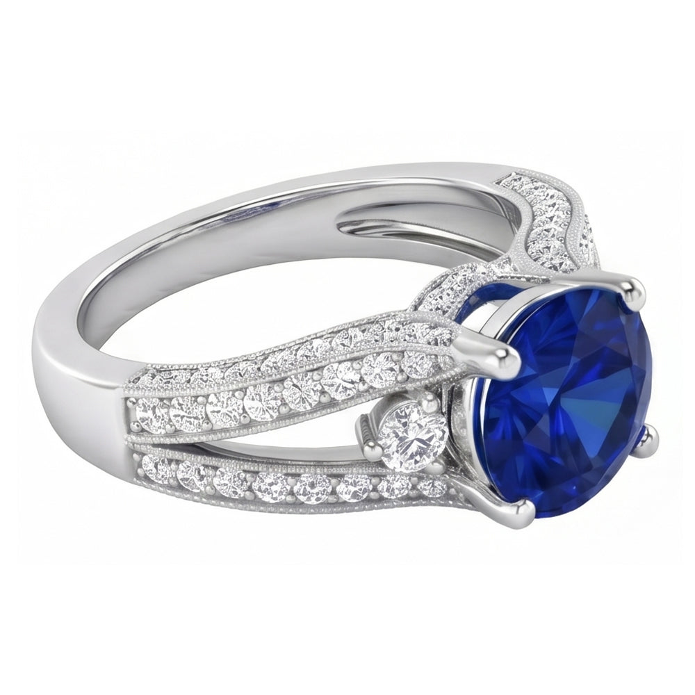 3 Ct Round Ceylon Sapphire And Natural Earth Mined Diamond ( Not Lab Grown )  Ring Solid White Gold 14K