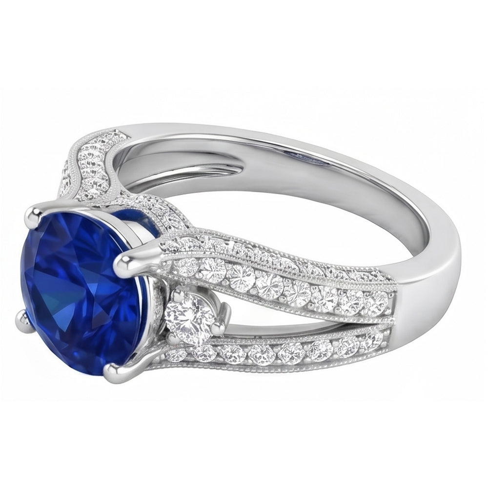 3 Ct Round Ceylon Sapphire And Natural Earth Mined Diamond ( Not Lab Grown )  Ring Solid White Gold 14K