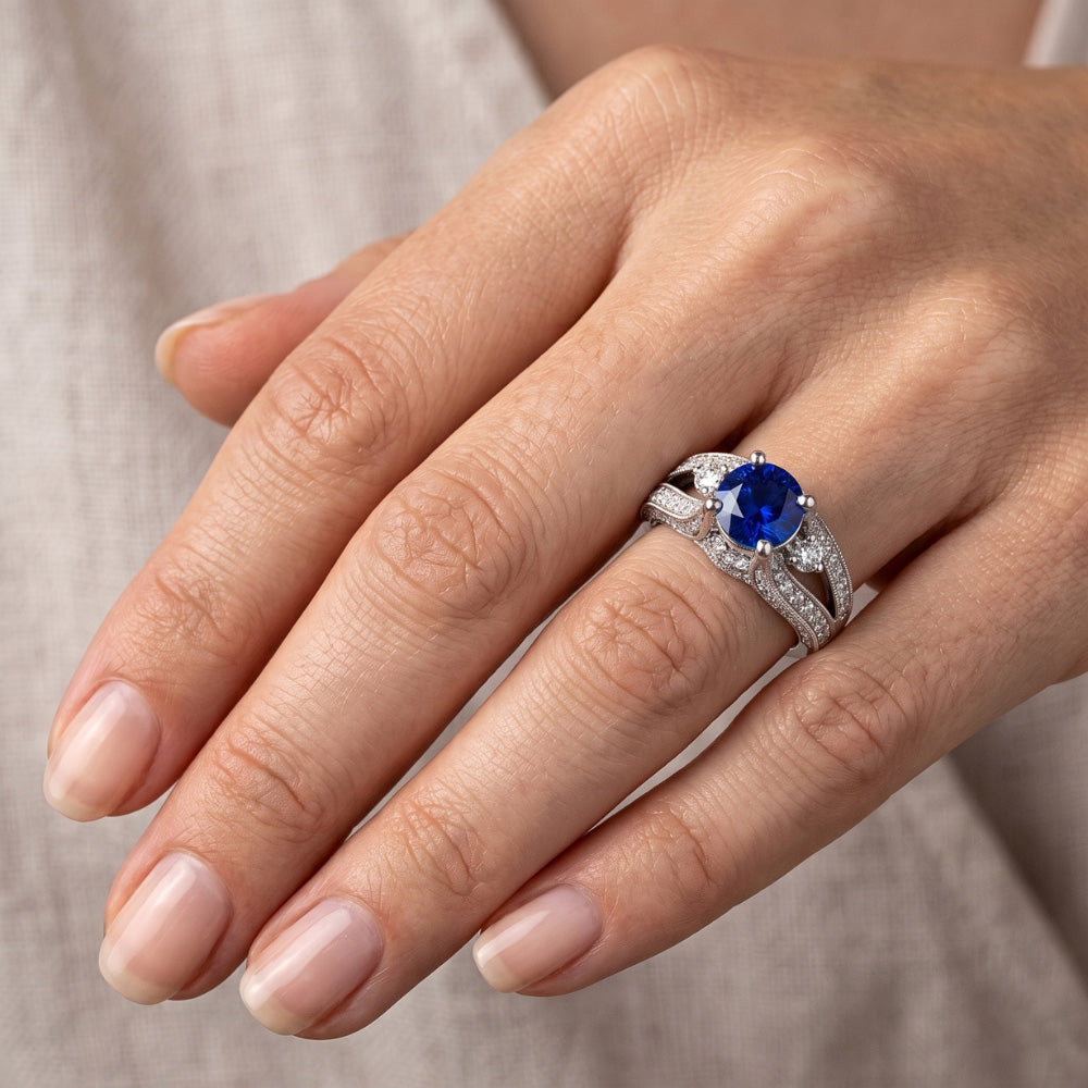3 Ct Round Ceylon Sapphire And Natural Earth Mined Diamond ( Not Lab Grown )  Ring Solid White Gold 14K