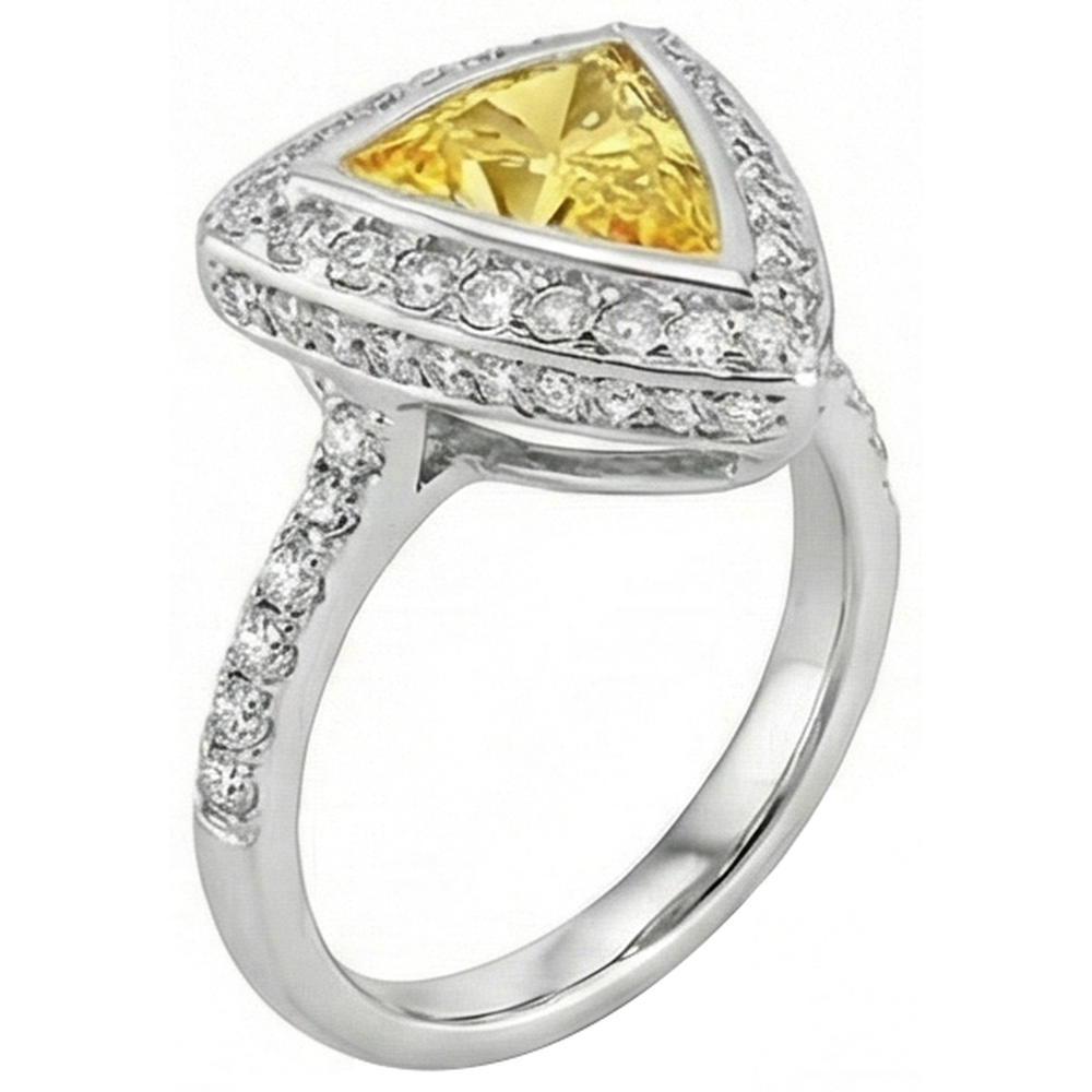 3 Ct Trillion Cut Yellow Sapphire And Round Natural Earth Mined Diamond ( Not Lab Grown )s Ring White Gold