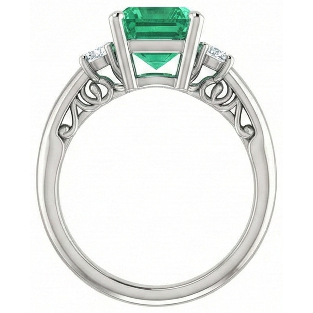 3 Stone 15.50 Ct. Green Emerald With Natural Earth Mined Diamond ( Not Lab Grown ) s Ring Prong Set WG 14K