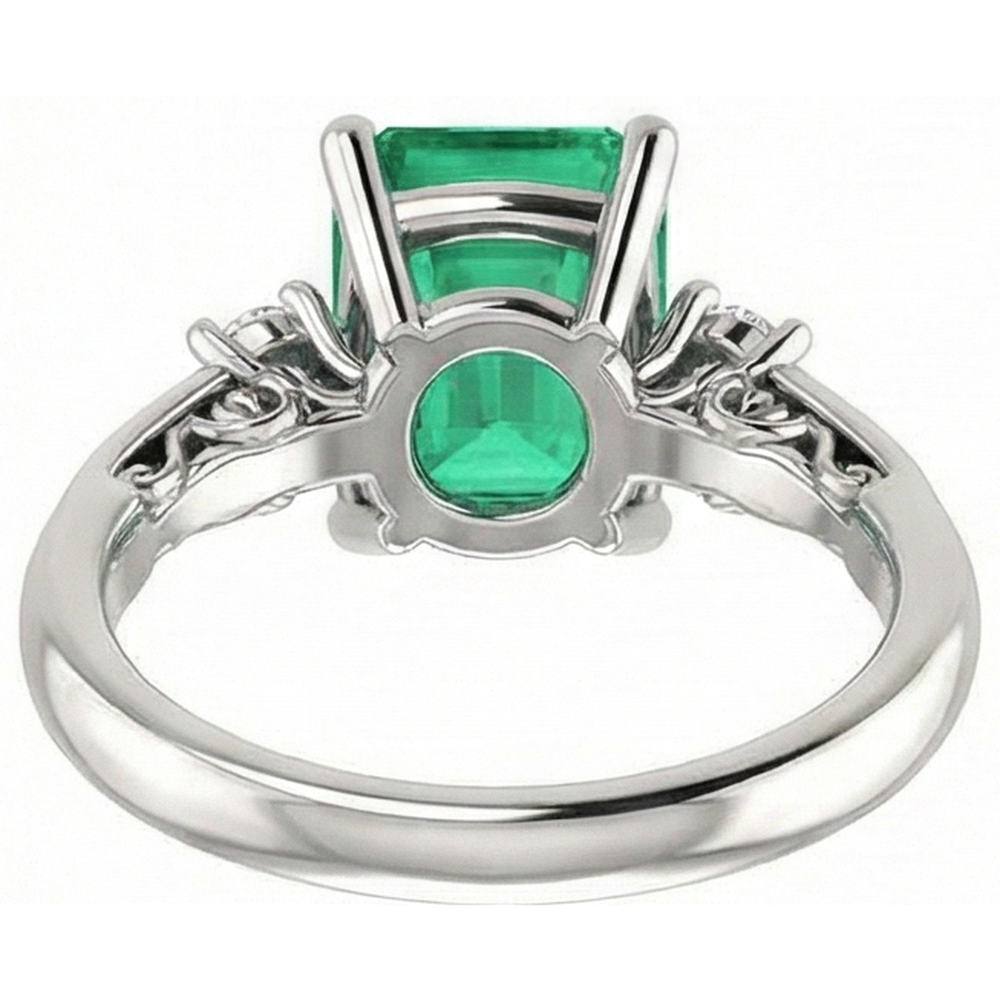 3 Stone 15.50 Ct. Green Emerald With Natural Earth Mined Diamond ( Not Lab Grown ) s Ring Prong Set WG 14K
