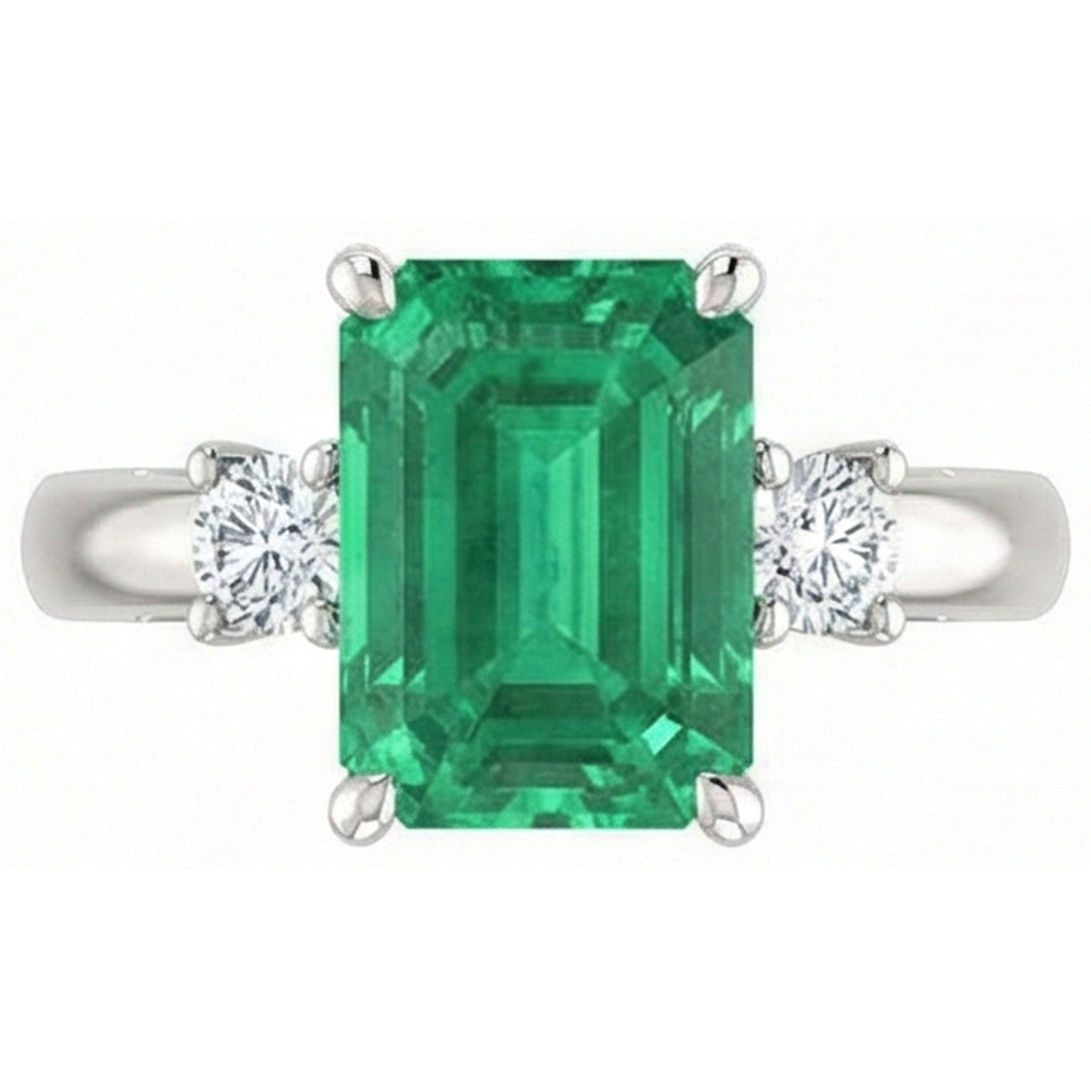 3 Stone 15.50 Ct. Green Emerald With Natural Earth Mined Diamond ( Not Lab Grown ) s Ring Prong Set WG 14K