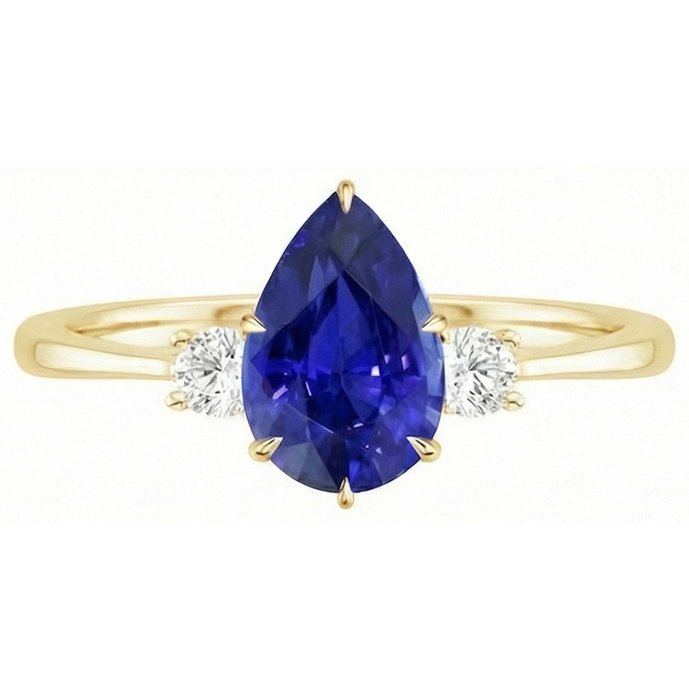 3 Stone Anniversary Ring Pear Blue Sapphire & Natural Earth Mined Diamonds 4.25 Carats