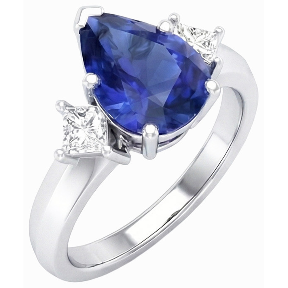 3 Stone Anniversary Ring Pear Ceylon Sapphire & Natural Earth Mined Diamond ( Not Lab Grown )s 3.50 Carats