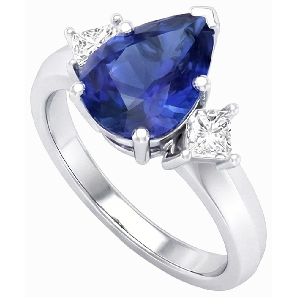 3 Stone Anniversary Ring Pear Ceylon Sapphire & Natural Earth Mined Diamond ( Not Lab Grown )s 3.50 Carats