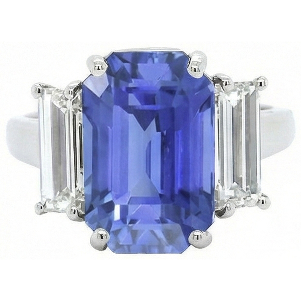 3 Stone Anniversary Ring White Gold Emerald Cut Blue Sapphire 4 Carats