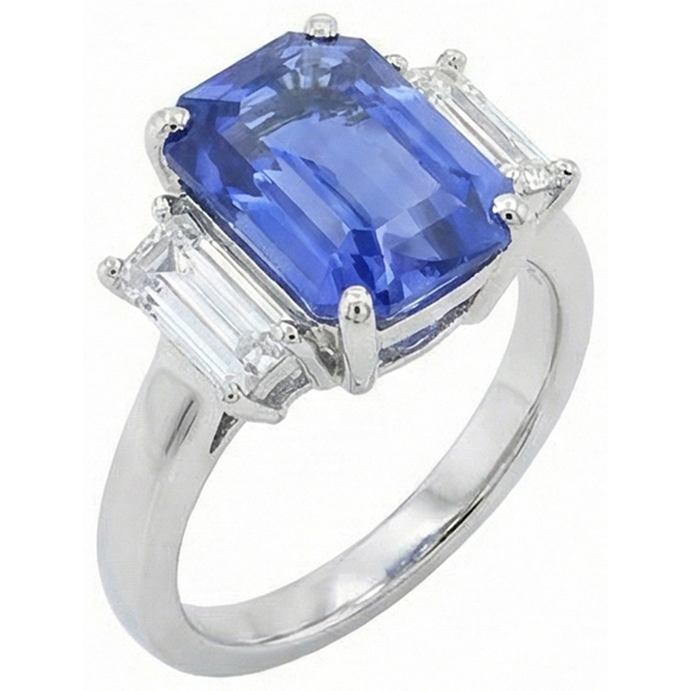 3 Stone Anniversary Ring White Gold Emerald Cut Blue Sapphire 4 Carats