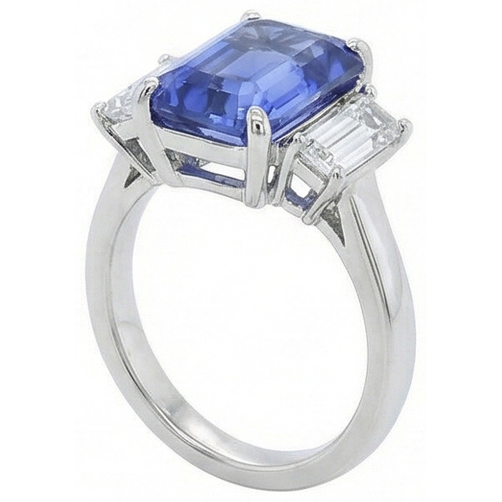 3 Stone Anniversary Ring White Gold Emerald Cut Blue Sapphire 4 Carats
