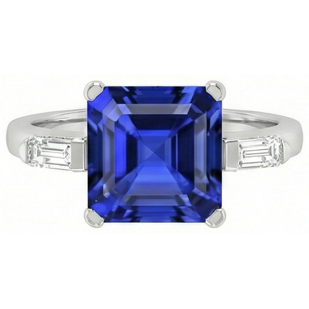 3 Stone Baguette Natural Earth Mined Diamond ( Not Lab Grown ) Ring Asscher Ceylon Blue Sapphire 4 Carats