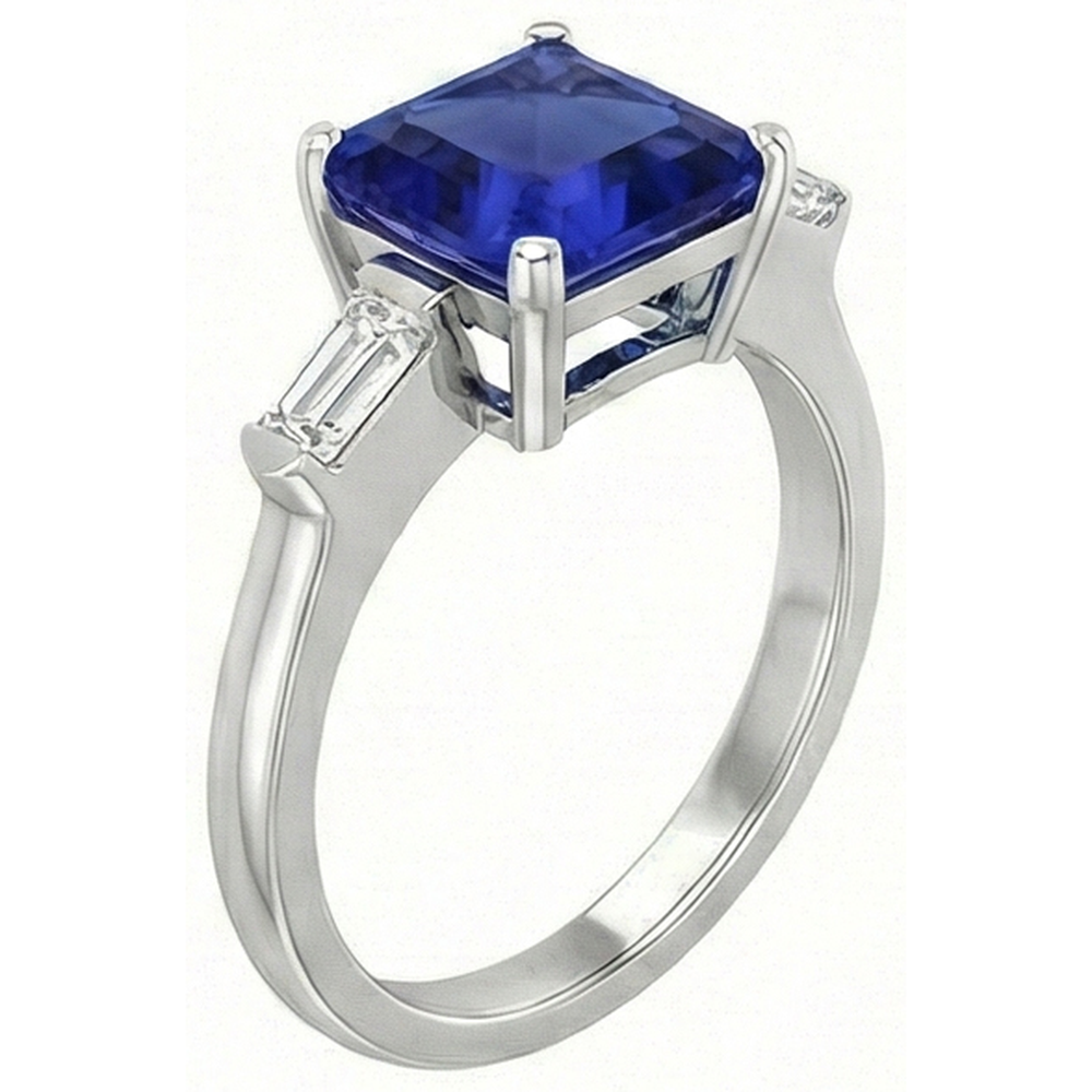 3 Stone Baguette Natural Earth Mined Diamond ( Not Lab Grown ) Ring Asscher Ceylon Blue Sapphire 4 Carats