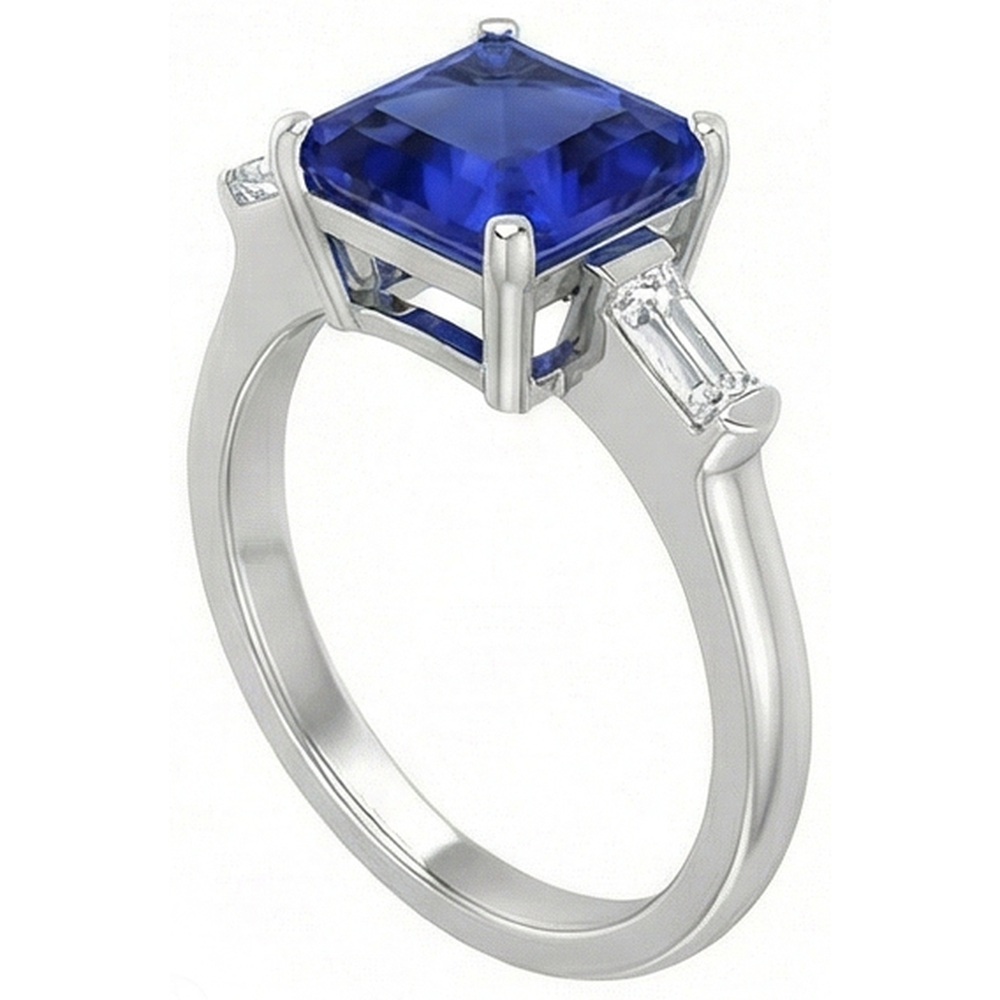 3 Stone Baguette Natural Earth Mined Diamond ( Not Lab Grown ) Ring Asscher Ceylon Blue Sapphire 4 Carats