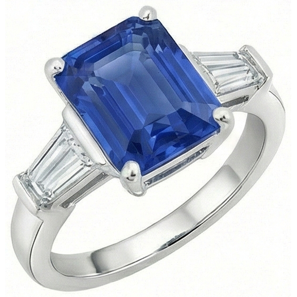 3 Stone Baguette Natural Earth Mined Diamond ( Not Lab Grown ) Sapphire Ring