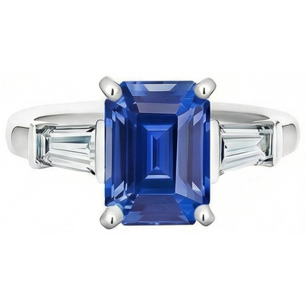 3 Stone Baguette Natural Earth Mined Diamond ( Not Lab Grown ) Sapphire Ring