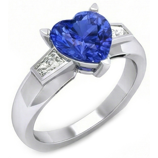 3 Stone Baguette Natural Earth Mined Diamond ( Not Lab Grown ) & Blue Sapphire Heart Shaped Ring 2.75 Carats