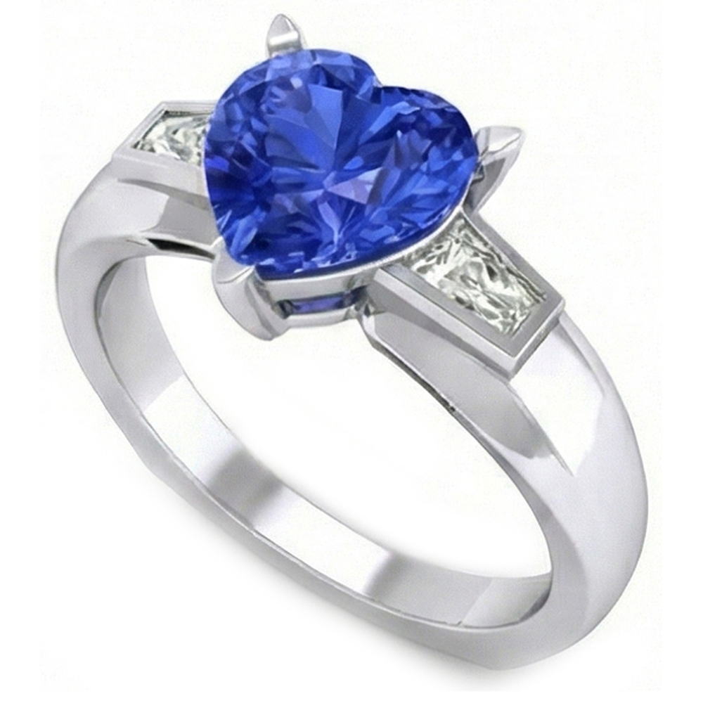 3 Stone Baguette Natural Earth Mined Diamond ( Not Lab Grown ) & Blue Sapphire Heart Shaped Ring 2.75 Carats