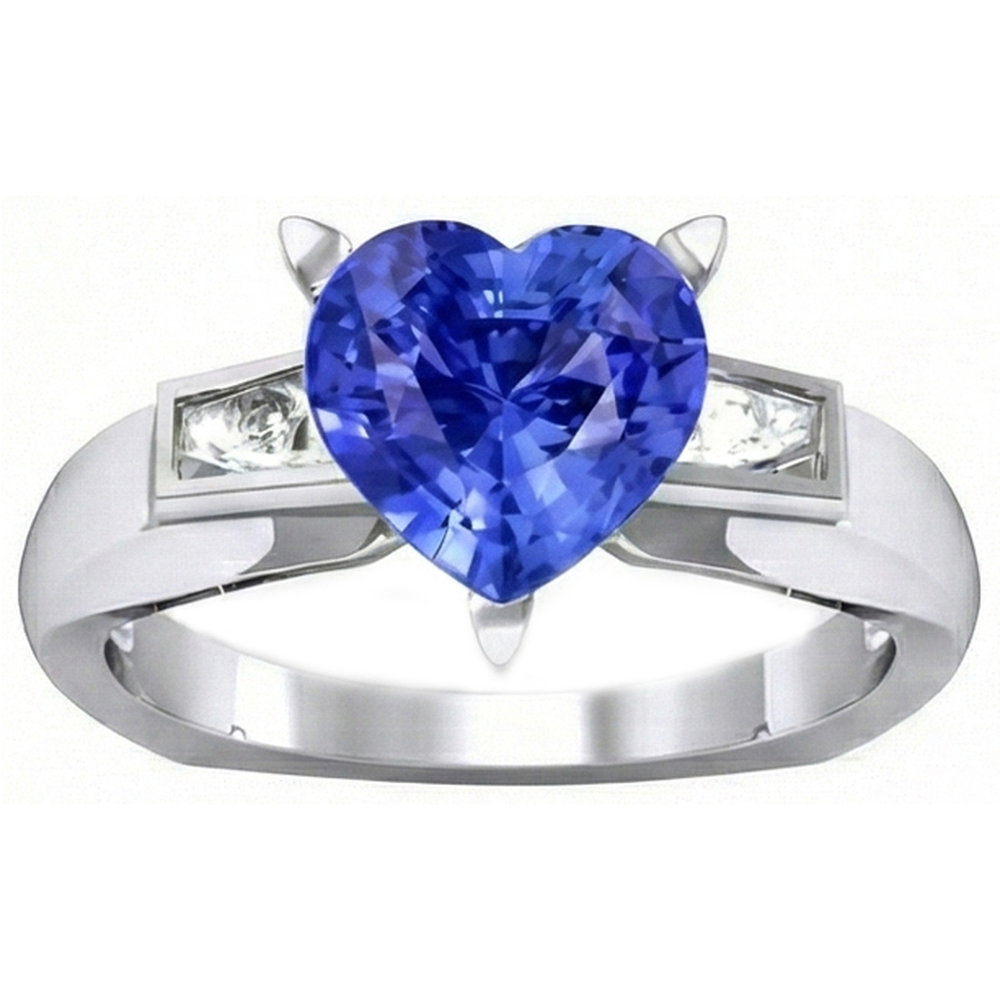 3 Stone Baguette Natural Earth Mined Diamond ( Not Lab Grown ) & Blue Sapphire Heart Shaped Ring 2.75 Carats
