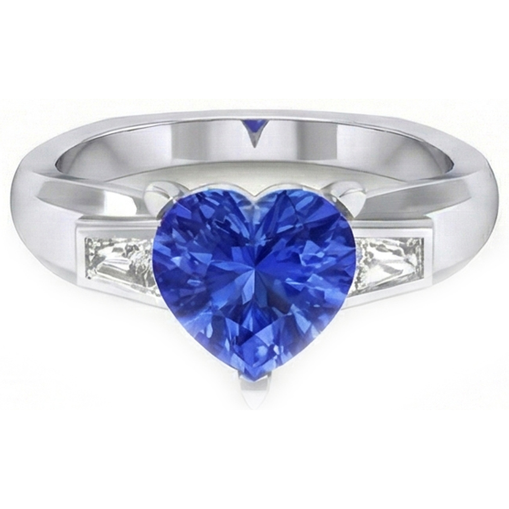 3 Stone Baguette Natural Earth Mined Diamond ( Not Lab Grown ) & Blue Sapphire Heart Shaped Ring 2.75 Carats