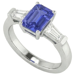 3 Stone Baguette Natural Earth Mined Diamond ( Not Lab Grown )s Blue Sapphire Ring Emerald Cut 1.75 Carats