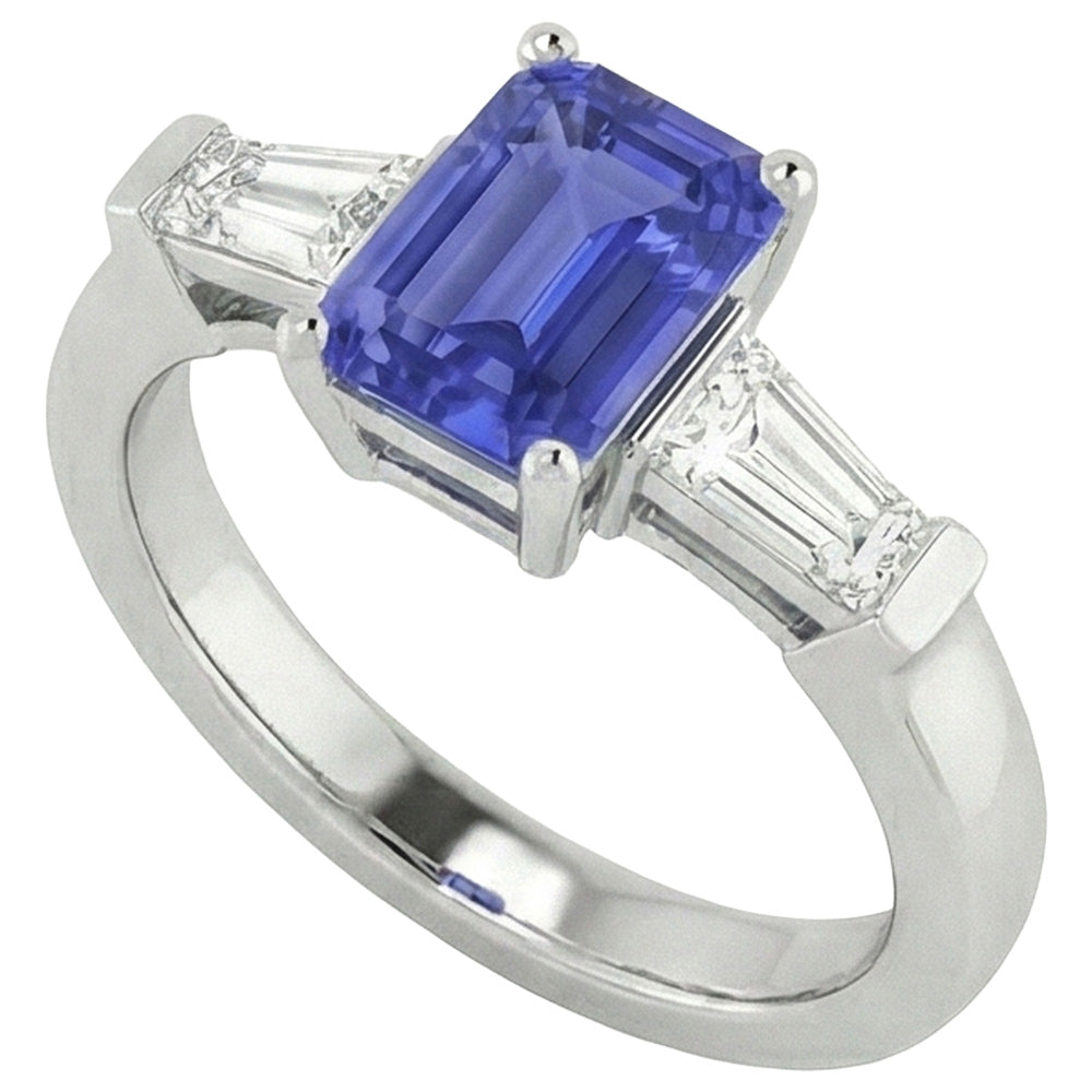3 Stone Baguette Natural Earth Mined Diamond ( Not Lab Grown )s Blue Sapphire Ring Emerald Cut 1.75 Carats