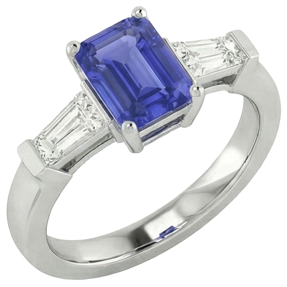 3 Stone Baguette Natural Earth Mined Diamond ( Not Lab Grown )s Blue Sapphire Ring Emerald Cut 1.75 Carats