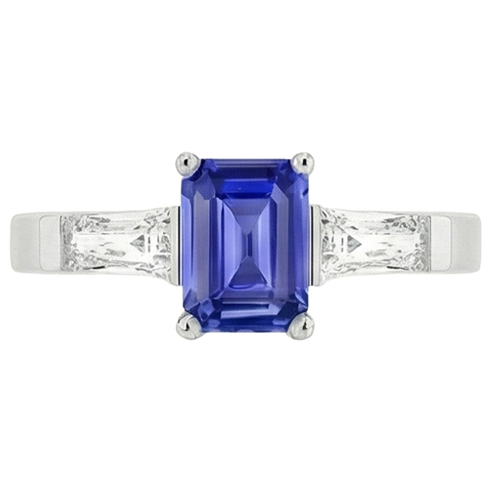 3 Stone Baguette Natural Earth Mined Diamond ( Not Lab Grown )s Blue Sapphire Ring Emerald Cut 1.75 Carats