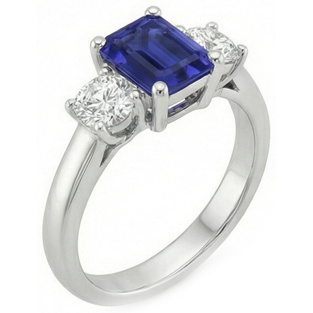3 Stone Blue Emerald Sapphire Natural Earth Mined Diamond ( Not Lab Grown ) Ring 2.50 Carats