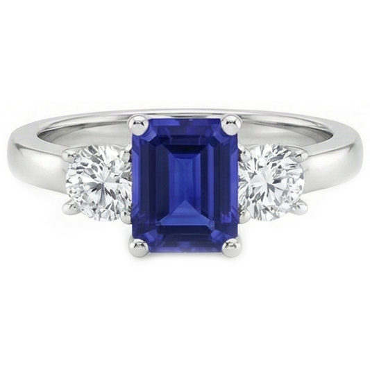 3 Stone Blue Emerald Sapphire Natural Earth Mined Diamond ( Not Lab Grown ) Ring 2.50 Carats
