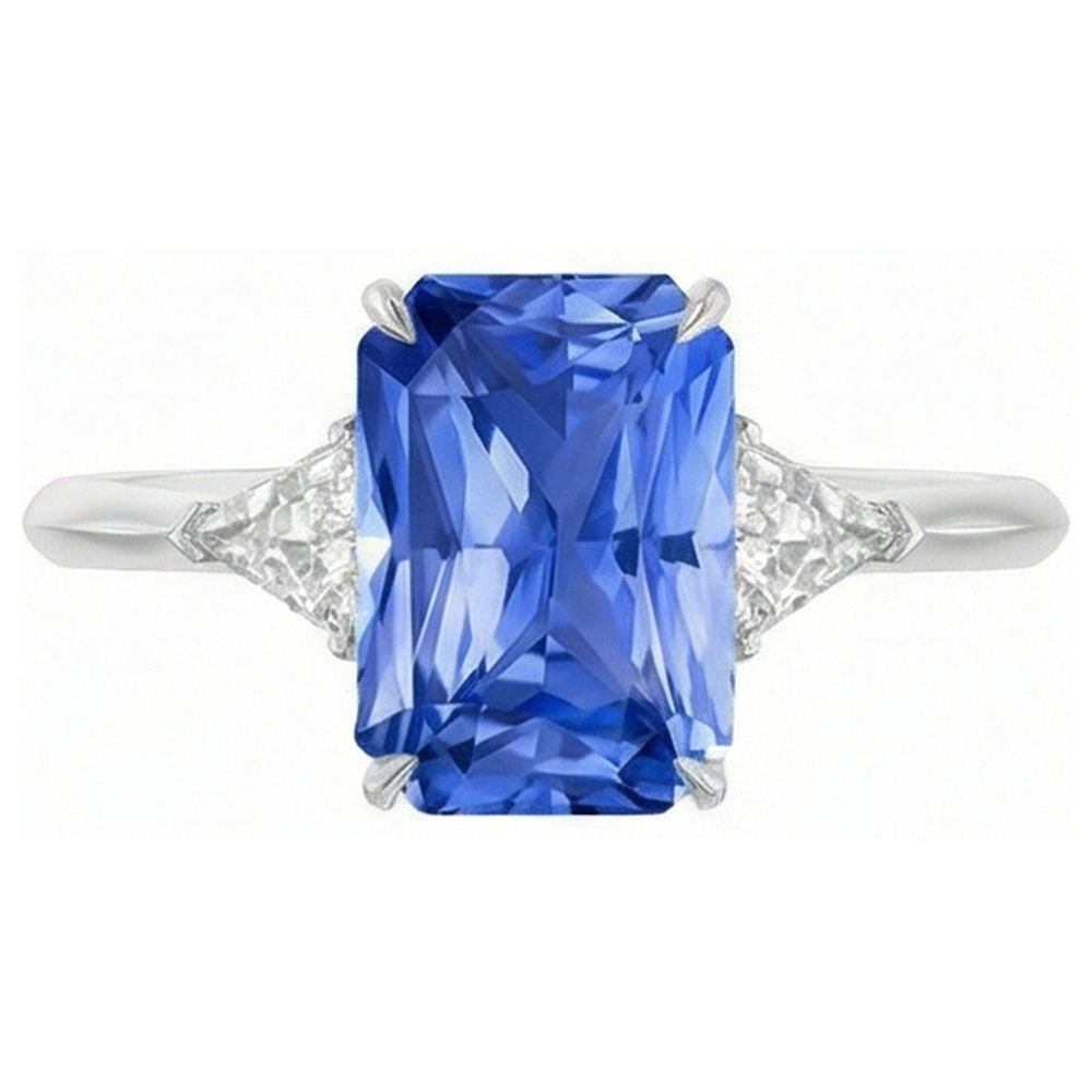 3 Stone Blue Sapphire Ring Small Trillion Natural Earth Mined Diamond ( Not Lab Grown )s Jewelry 2.75 Carats
