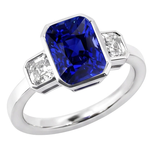 3 Stone Cushion Bezel Set Blue Sapphire & Natural Earth Mined Diamond ( Not Lab Grown ) Ring 3.50 Carats