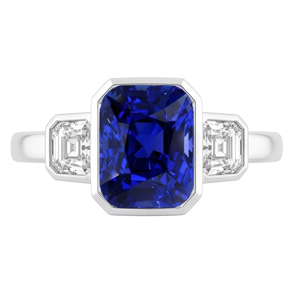 3 Stone Cushion Bezel Set Blue Sapphire & Natural Earth Mined Diamond ( Not Lab Grown ) Ring 3.50 Carats