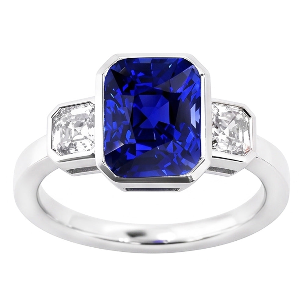 3 Stone Cushion Bezel Set Blue Sapphire & Natural Earth Mined Diamond ( Not Lab Grown ) Ring 3.50 Carats