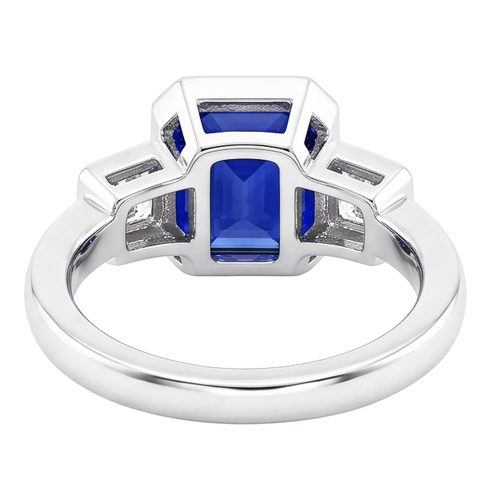 3 Stone Cushion Bezel Set Blue Sapphire & Natural Earth Mined Diamond ( Not Lab Grown ) Ring 3.50 Carats