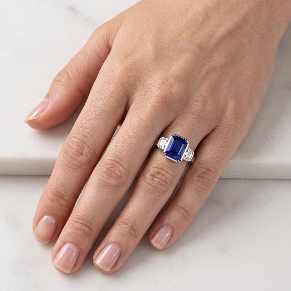 3 Stone Cushion Bezel Set Blue Sapphire & Natural Earth Mined Diamond ( Not Lab Grown ) Ring 3.50 Carats