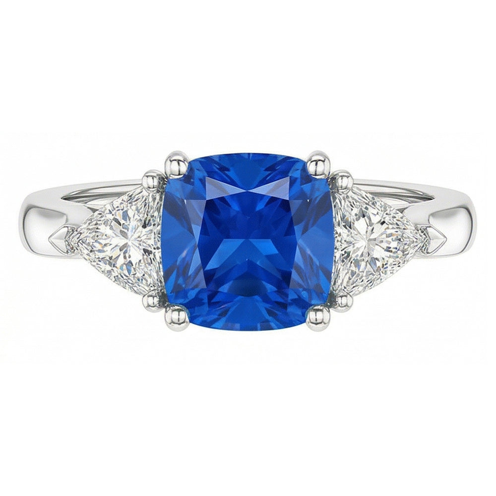 3 Stone Cushion Light Blue Sapphire Ring 1.50 Carats Trillion Natural Earth Mined Diamond ( Not Lab Grown )s