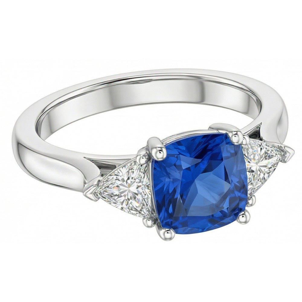 3 Stone Cushion Light Blue Sapphire Ring 1.50 Carats Trillion Natural Earth Mined Diamond ( Not Lab Grown )s