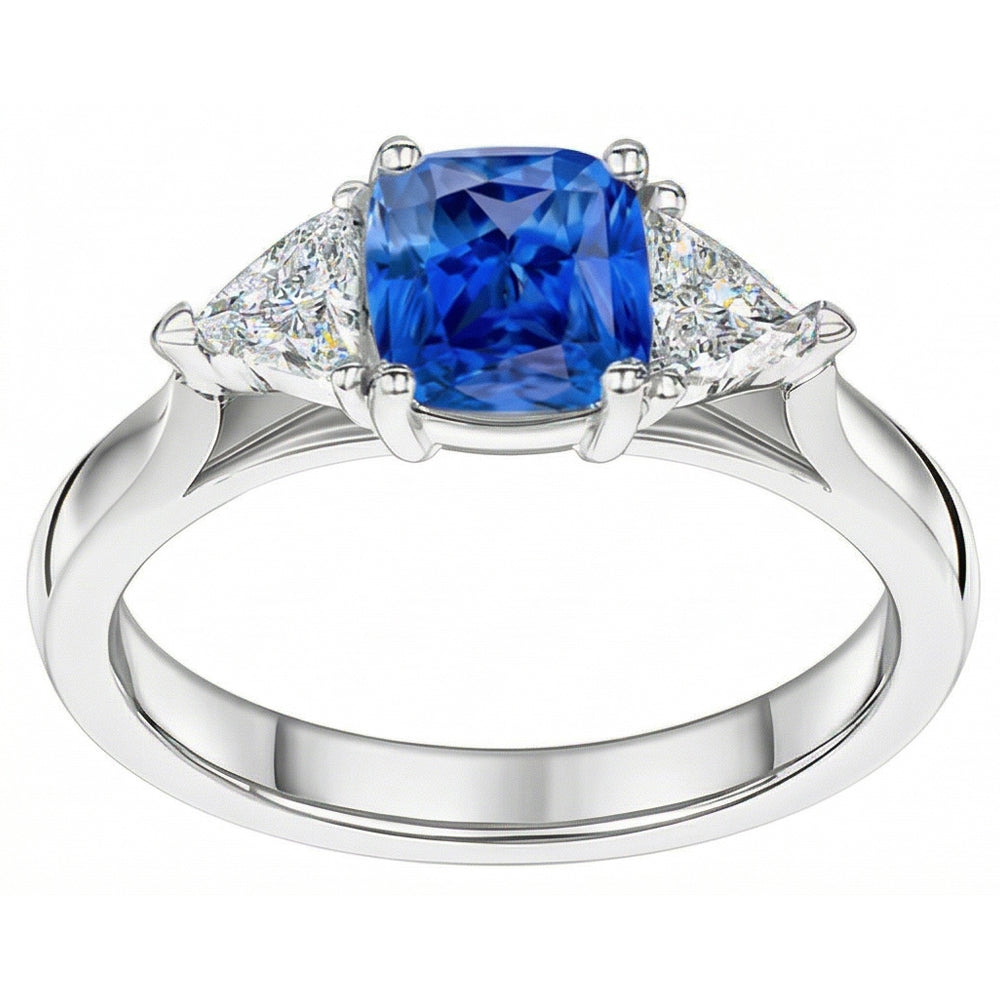 3 Stone Cushion Light Blue Sapphire Ring 1.50 Carats Trillion Natural Earth Mined Diamond ( Not Lab Grown )s