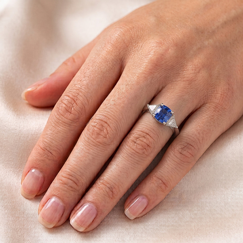 3 Stone Cushion Light Blue Sapphire Ring 1.50 Carats Trillion Natural Earth Mined Diamond ( Not Lab Grown )s