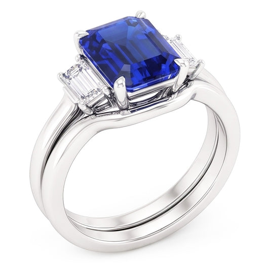 3 Stone Emerald Blue Sapphire & Baguette Natural Earth Mined Diamond ( Not Lab Grown ) Ring Set 1.75 Carats