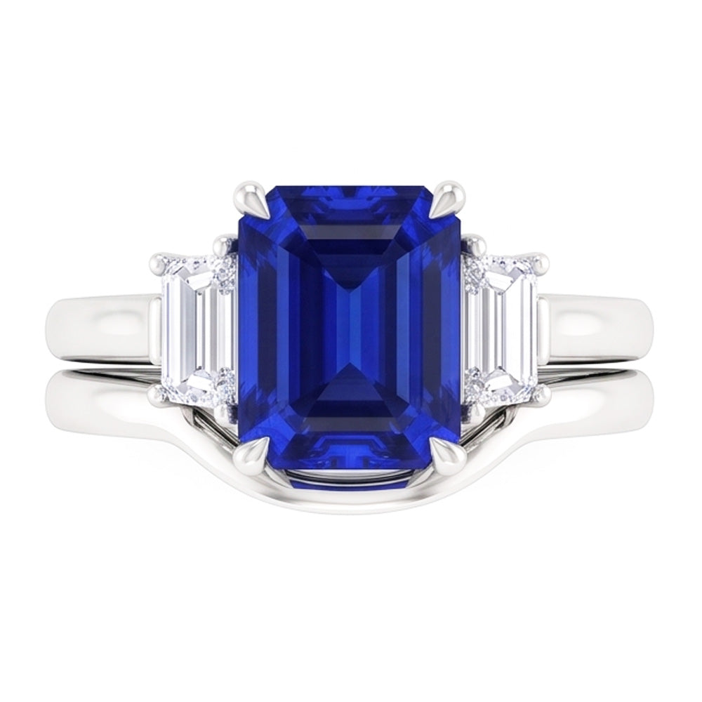 3 Stone Emerald Blue Sapphire & Baguette Natural Earth Mined Diamond ( Not Lab Grown ) Ring Set 1.75 Carats
