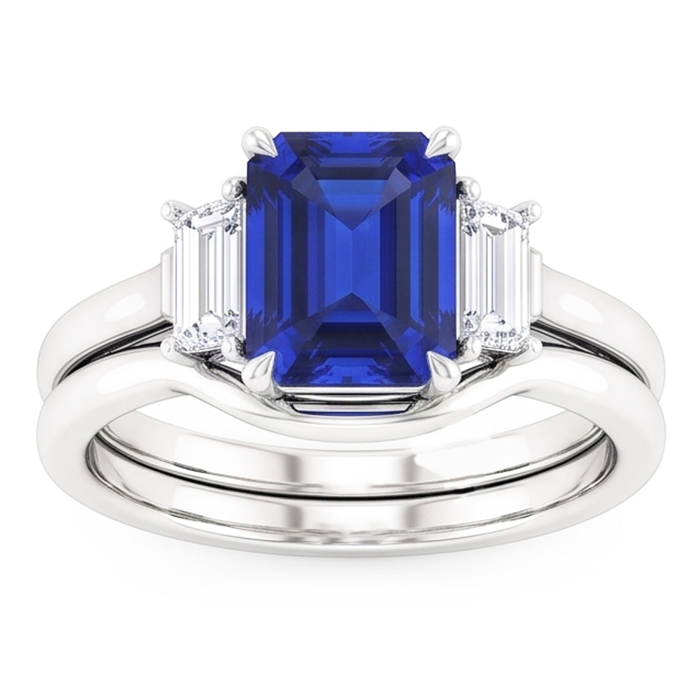 3 Stone Emerald Blue Sapphire & Baguette Natural Earth Mined Diamond ( Not Lab Grown ) Ring Set 1.75 Carats