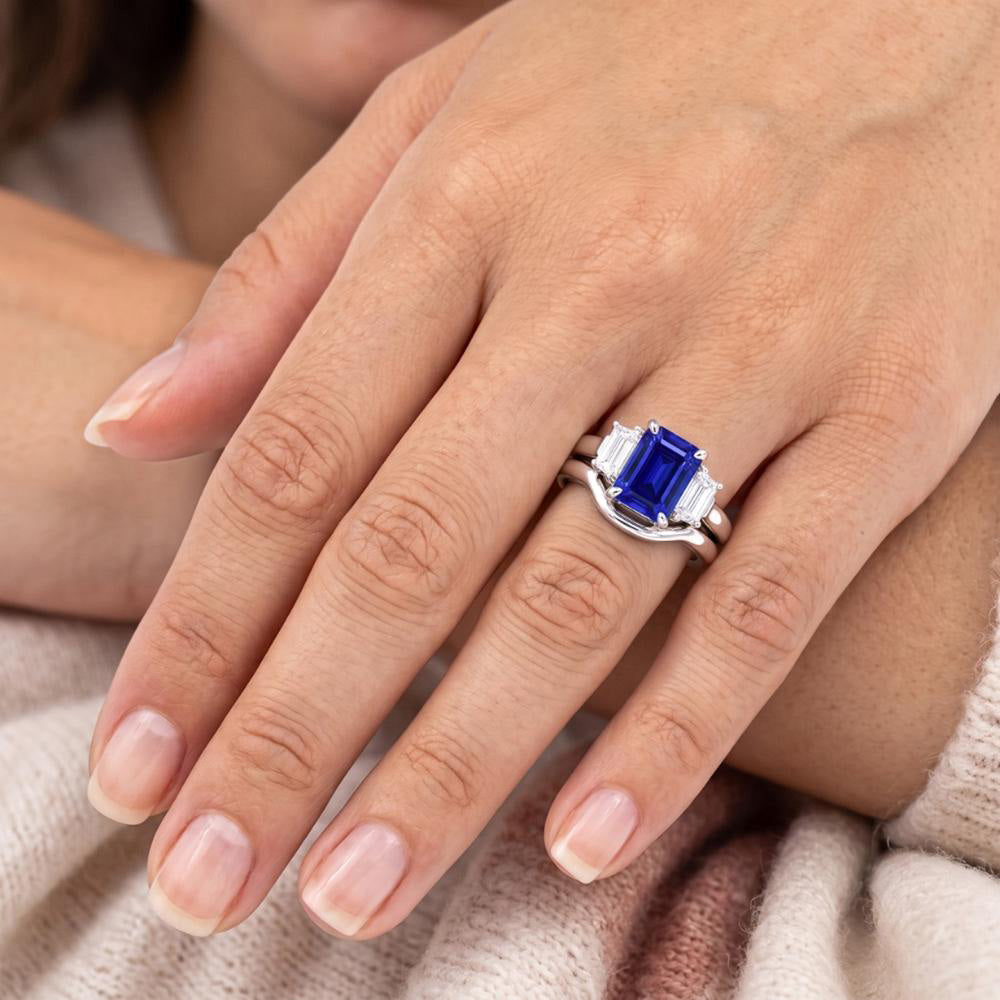 3 Stone Emerald Blue Sapphire & Baguette Natural Earth Mined Diamond ( Not Lab Grown ) Ring Set 1.75 Carats