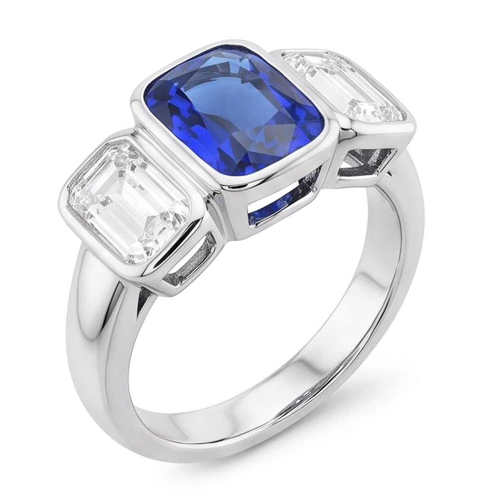 3 Stone Emerald Natural Earth Mined Diamond ( Not Lab Grown ) & Ceylon Sapphire Ring Bezel Set Gold 3 Carats